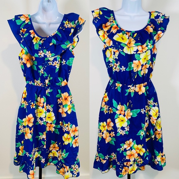 Vintage Blue Hawaiian Print Ruffle Wrap Dress Made in Hawaii Size L - Picture 3 of 11